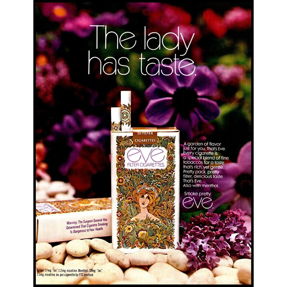 1971 Eve Cigarettes Vintage Print Ad Woman's Cigarettes Purple Flowers Wall Art